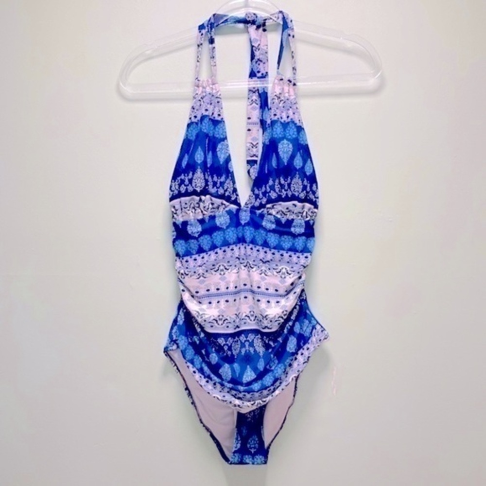 CUPSHE- Women’s Paisley Plunging Halter Shirred One Piece- Size L